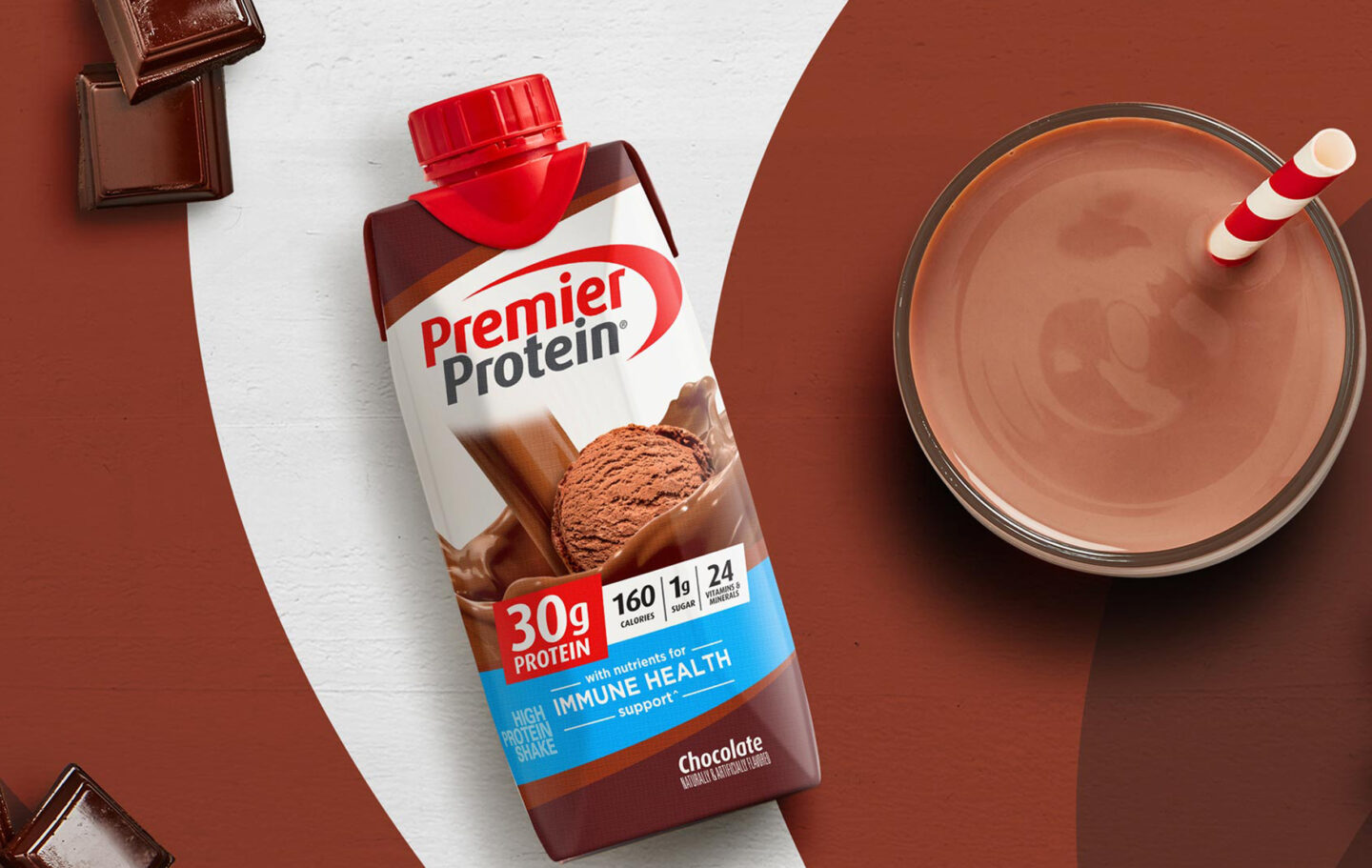 A single tetra bottle of Premier Protein Chocolate Protein Shake.